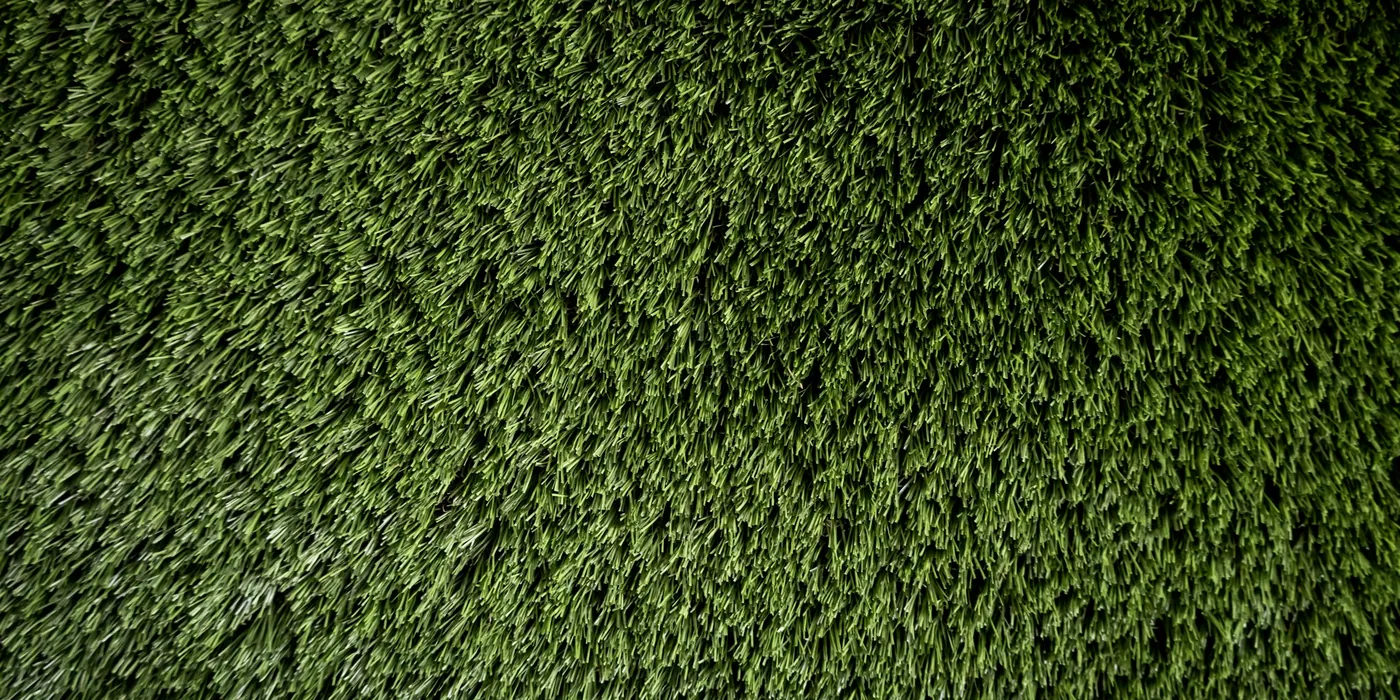 Close-up of dense artificial grass fibres standing upright
